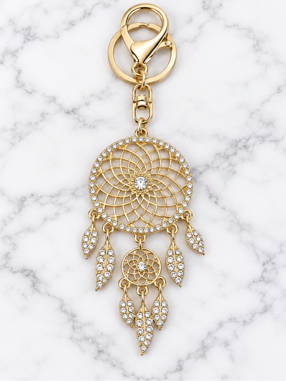White Crystal Dreamcatcher Bag Charm/Keychain With Feather Accents-Gold Hardware